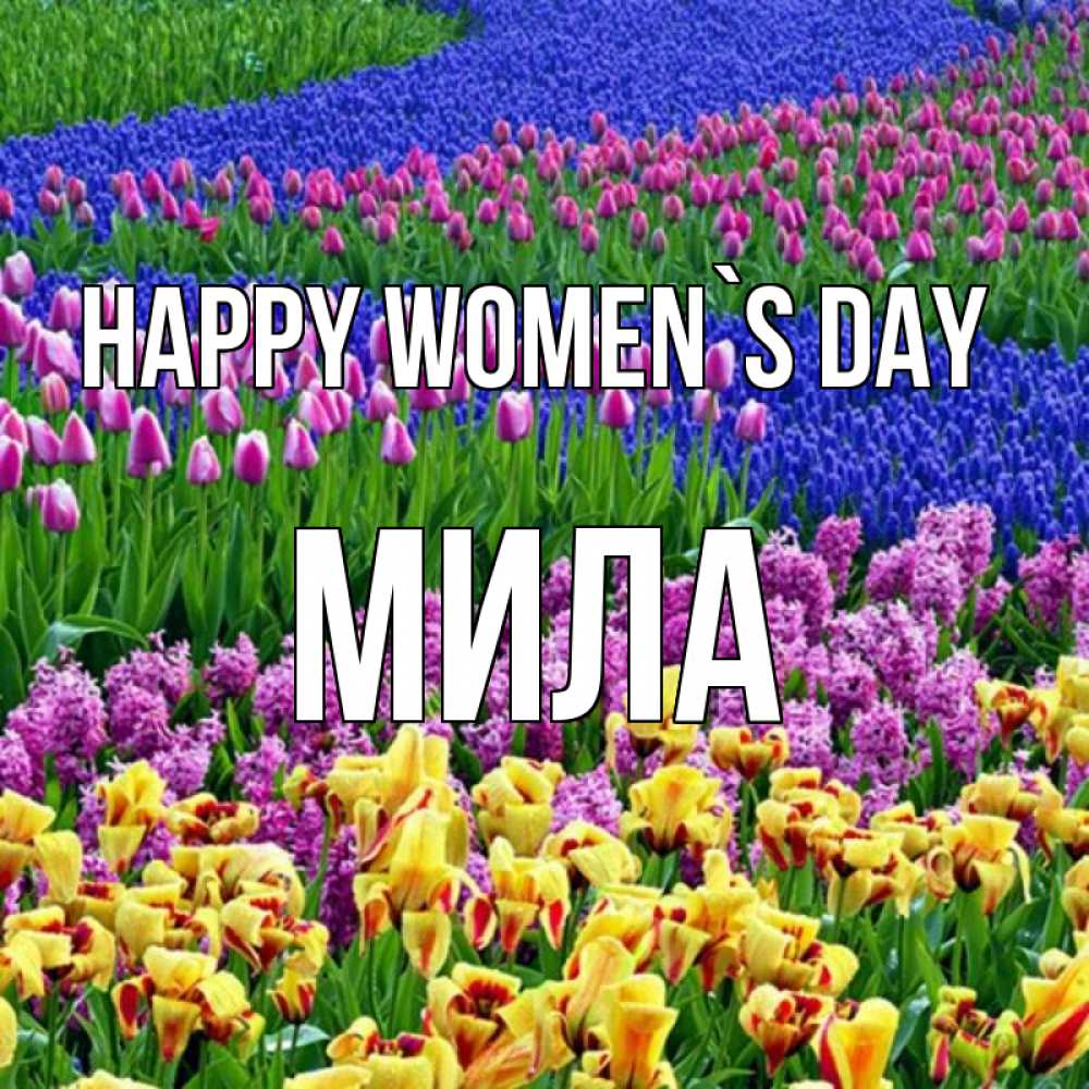 Greetings card с именем, Мила happy women`s day цветы Greetings with text for free download 